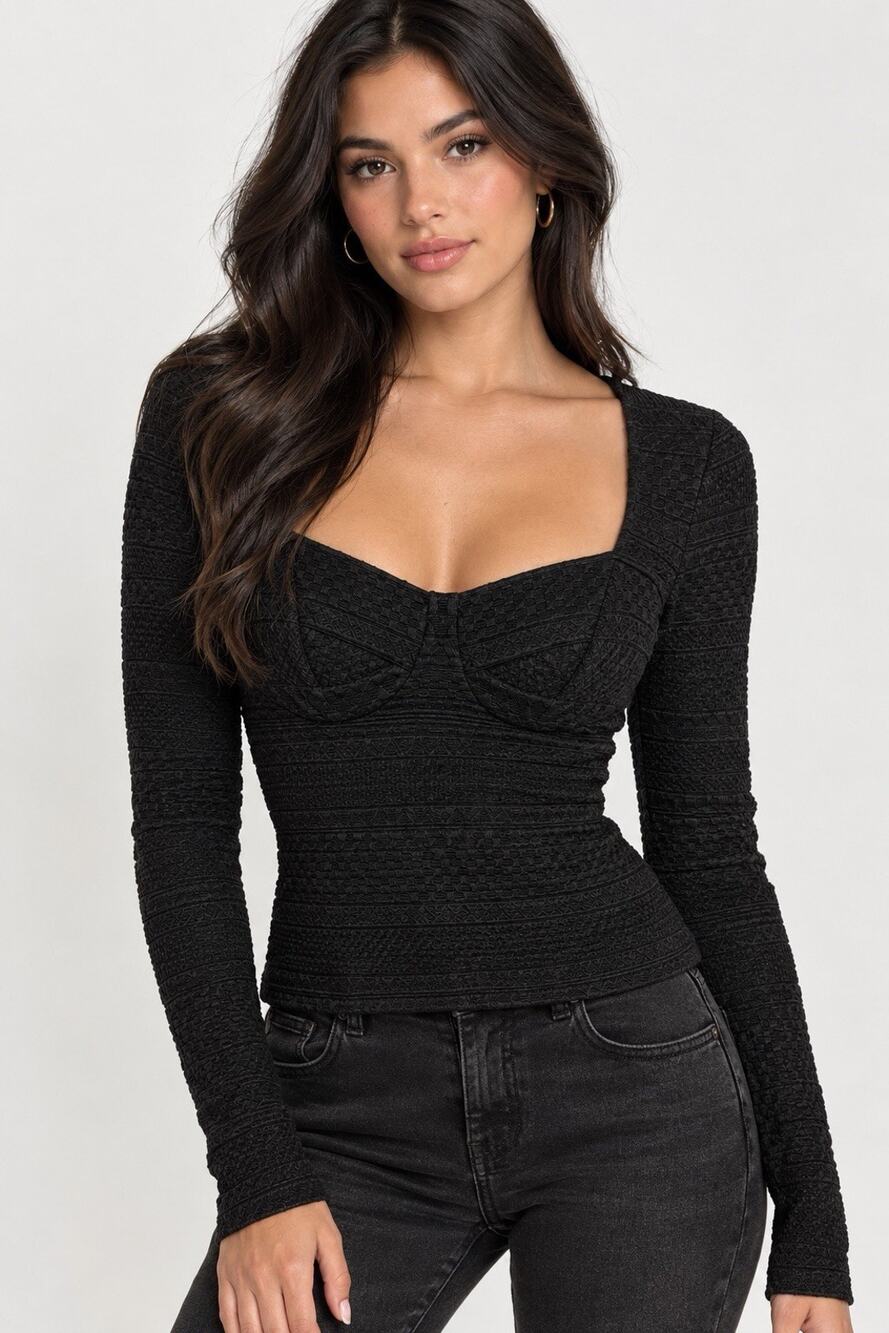Wolford Top Women's XS Black Texture Knit Long Sleeve Corset Style Goth Grunge